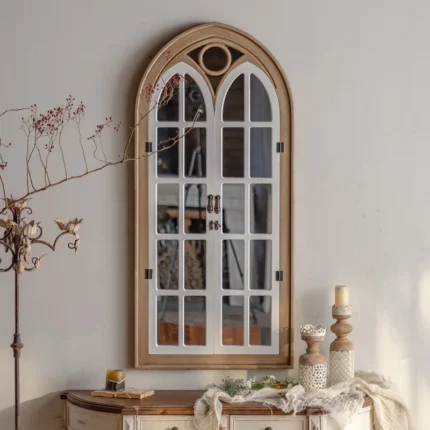 Decorative Arched Mirror Fake Openable Window Vintage Wooden