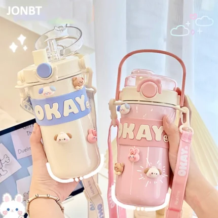 Kawaii Thermal Water Bottle With Straw Sticker Stainless Steel Thermos Keep Cold Hot Coffee Bubble Tea Cute Bottle For Kid Girl