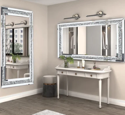 Large Silver Sparkly Crystal Rhinestone Diamond Frameless Vanity Mirrors Wall Mounted Dressing Mirror for Home/Hotel